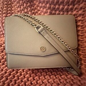 Tory Burch Taupe Crossbody Bag with Chain Accent
